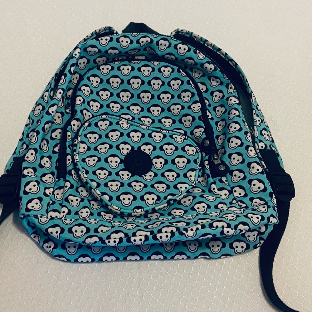 KIPLING Whimsical Monkeys Blue Black Geometric Pattern Backpack